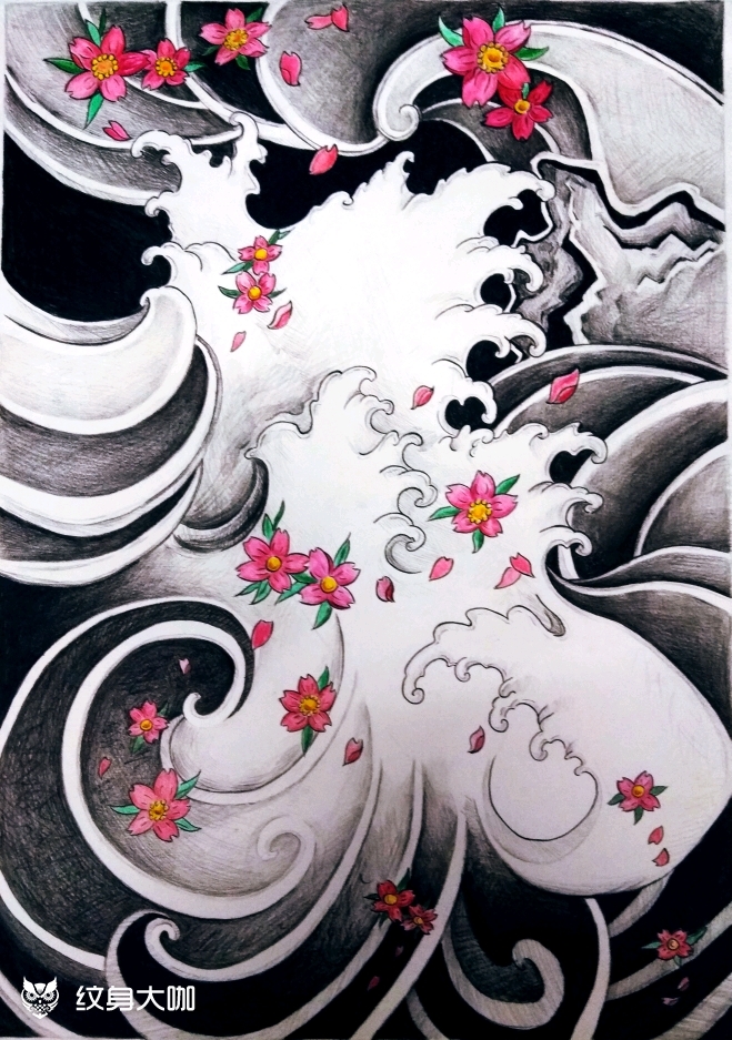 日式樱花海浪手稿各种纹身手稿_纹身吧社区 - 纹身大咖
