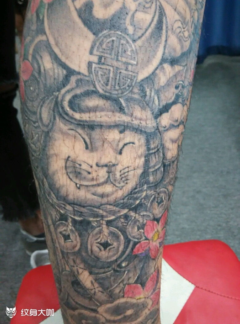 小腿招财猫恢复后效果图_纹身图案手稿图片_花木的纹身作品集