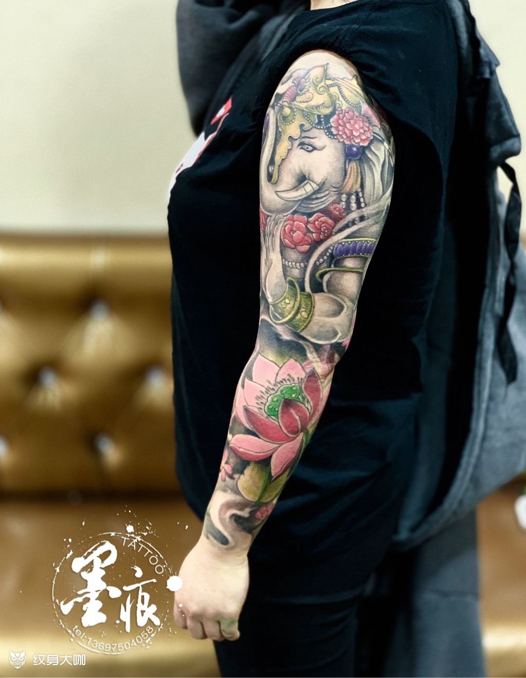 彩色象神荷花臂_纹身图案手稿图片_墨痕的纹身作品集