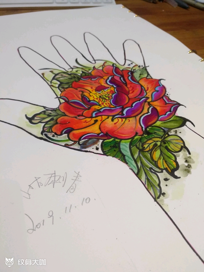 手背牡丹花_纹身图案手稿图片_黄岛/山古的纹身作品集