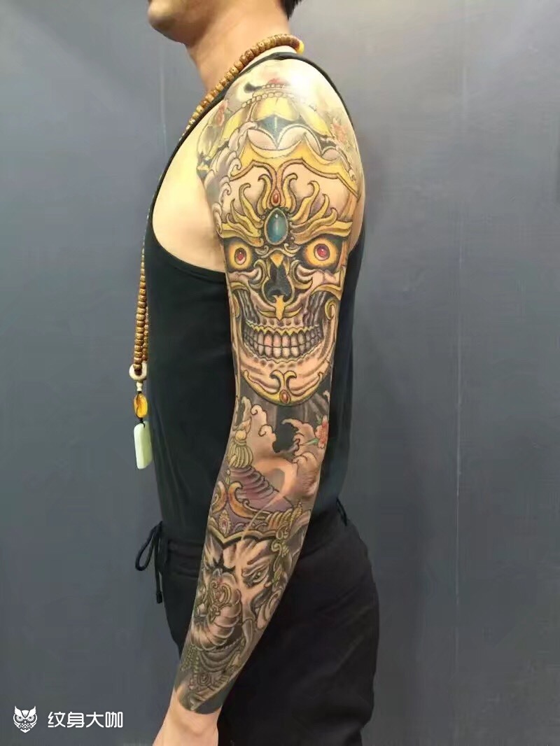 嘎巴拉 象神彩色花臂_纹身图案手稿图片_何麟的纹身作品集