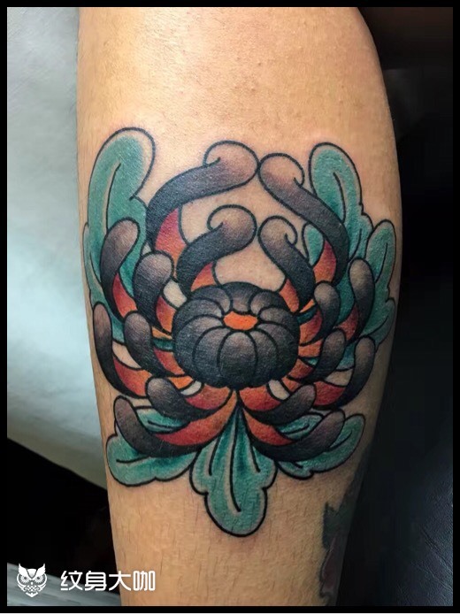腿部 日式菊花_纹身图案手稿图片_廿一的纹身作品集