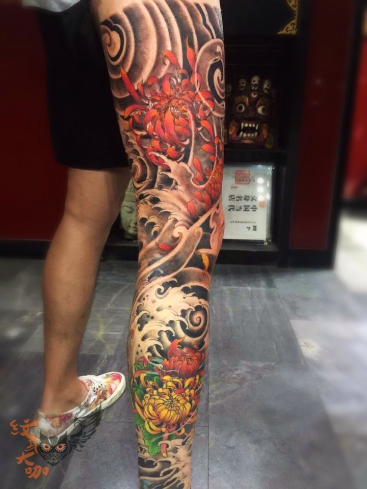 菊花包腿_纹身图案手稿图片_老牛的纹身作品集