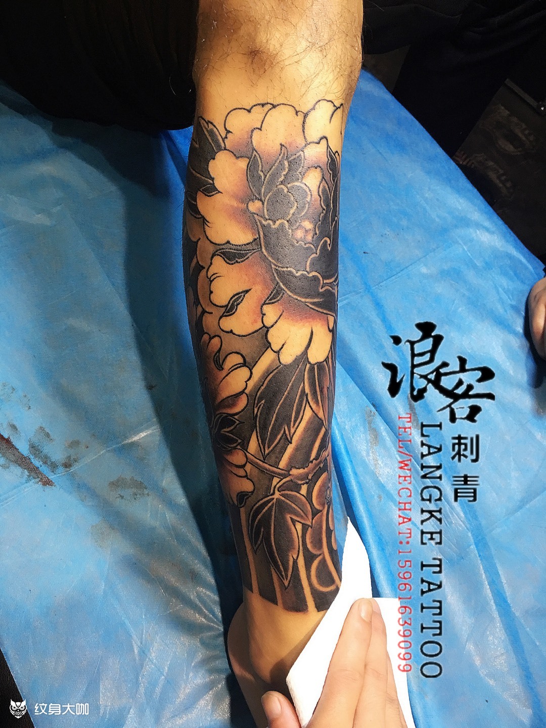 黑灰牡丹花腿_纹身图案手稿图片_李蒙的纹身作品集