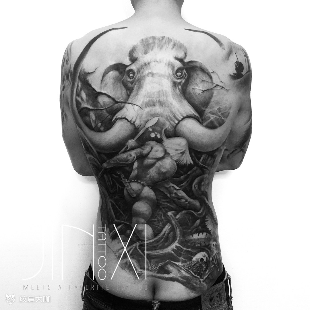 猛犸象满背_纹身图案手稿图片_于光明的纹身作品集