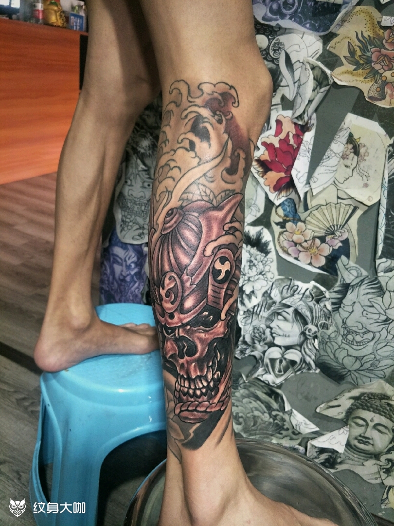 包小腿鬼武士三次完成,_纹身图案手稿图片_陈家光的纹身作品集