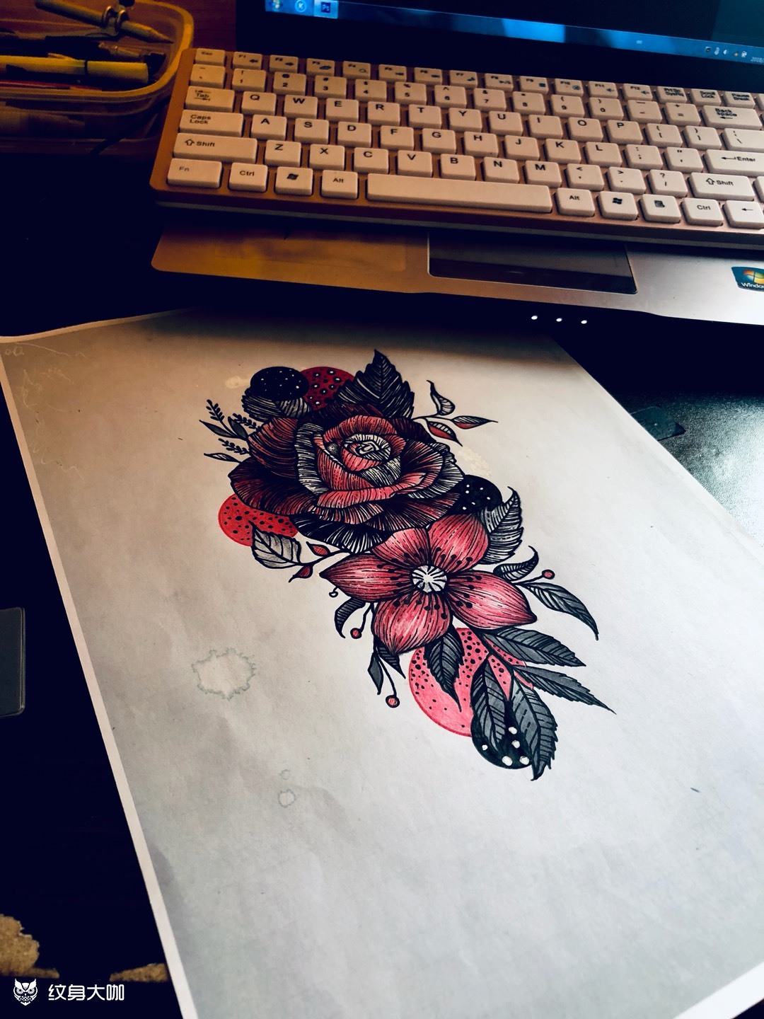 血色玫瑰._纹身图案手稿图片_穆清 约稿请看主页的纹身作品集