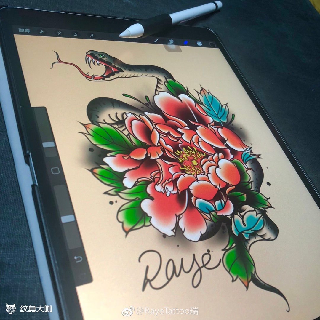 蛇盘牡丹_纹身图案手稿图片_raye 瑞哥的纹身作品集