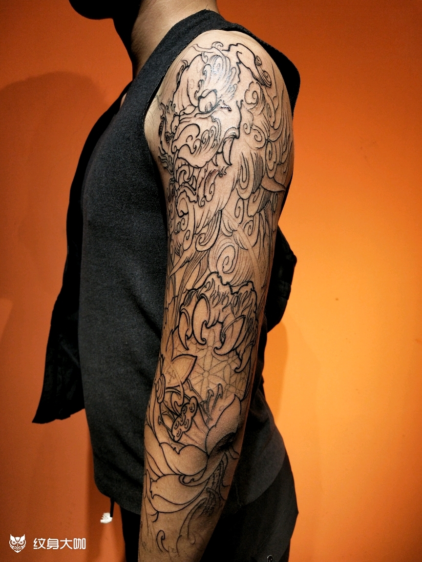 花臂唐狮_纹身图案手稿图片_魏魏的纹身作品集