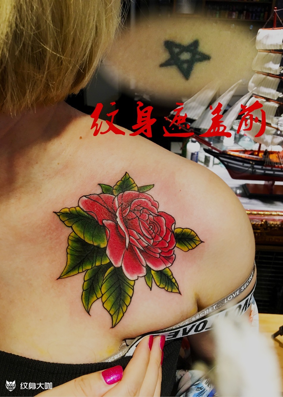锁骨牡丹遮盖五角星_纹身图案手稿图片_拾柒的纹身作品集