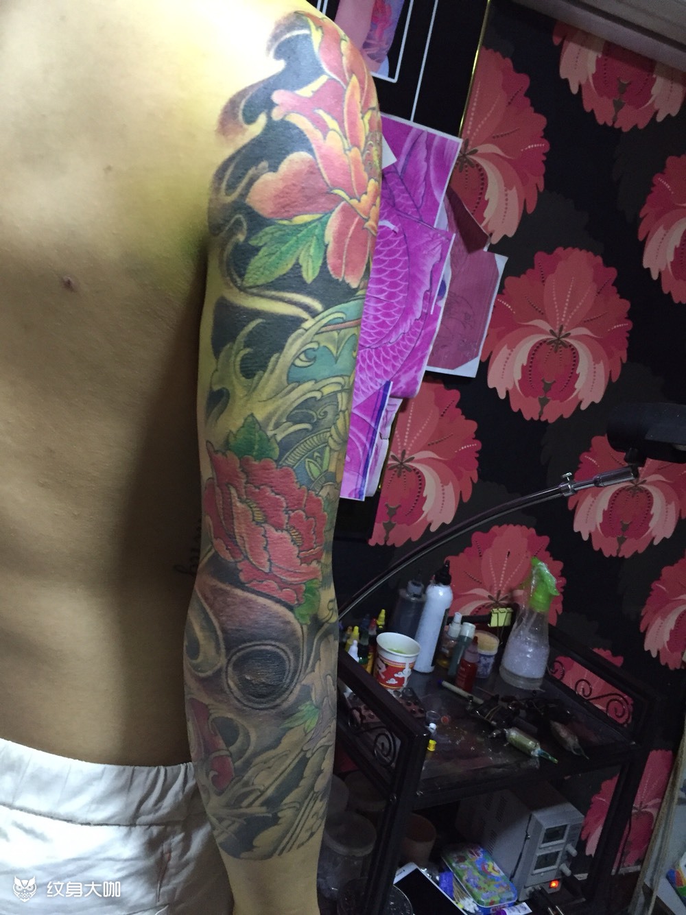 嘎巴拉牡丹花臂_纹身图案手稿图片_阿进的纹身作品集