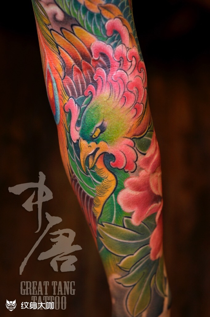 凤凰牡丹花臂花臂作品耗时25_纹身吧社区 - 纹身大咖