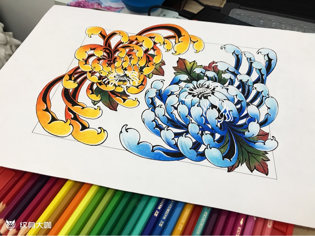 新传统菊花手稿_纹身图案手稿图片_娉婷的纹身作品集