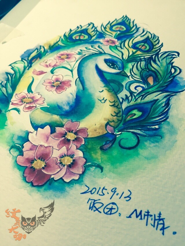 孔雀手稿_纹身图案手稿图片_饭团的纹身作品集