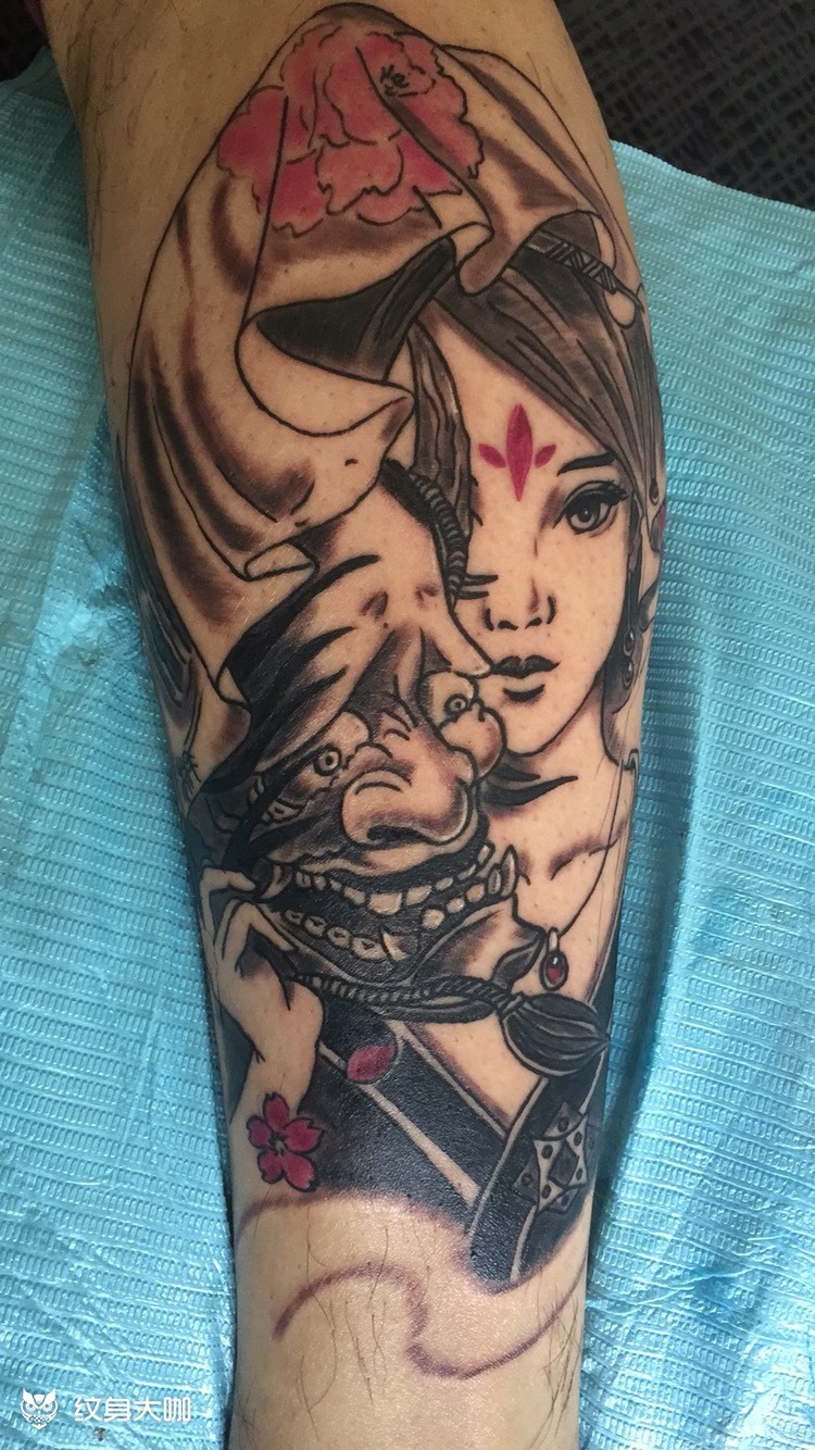 小腿艺伎般若 _纹身图案手稿图片_荆棘的纹身作品集