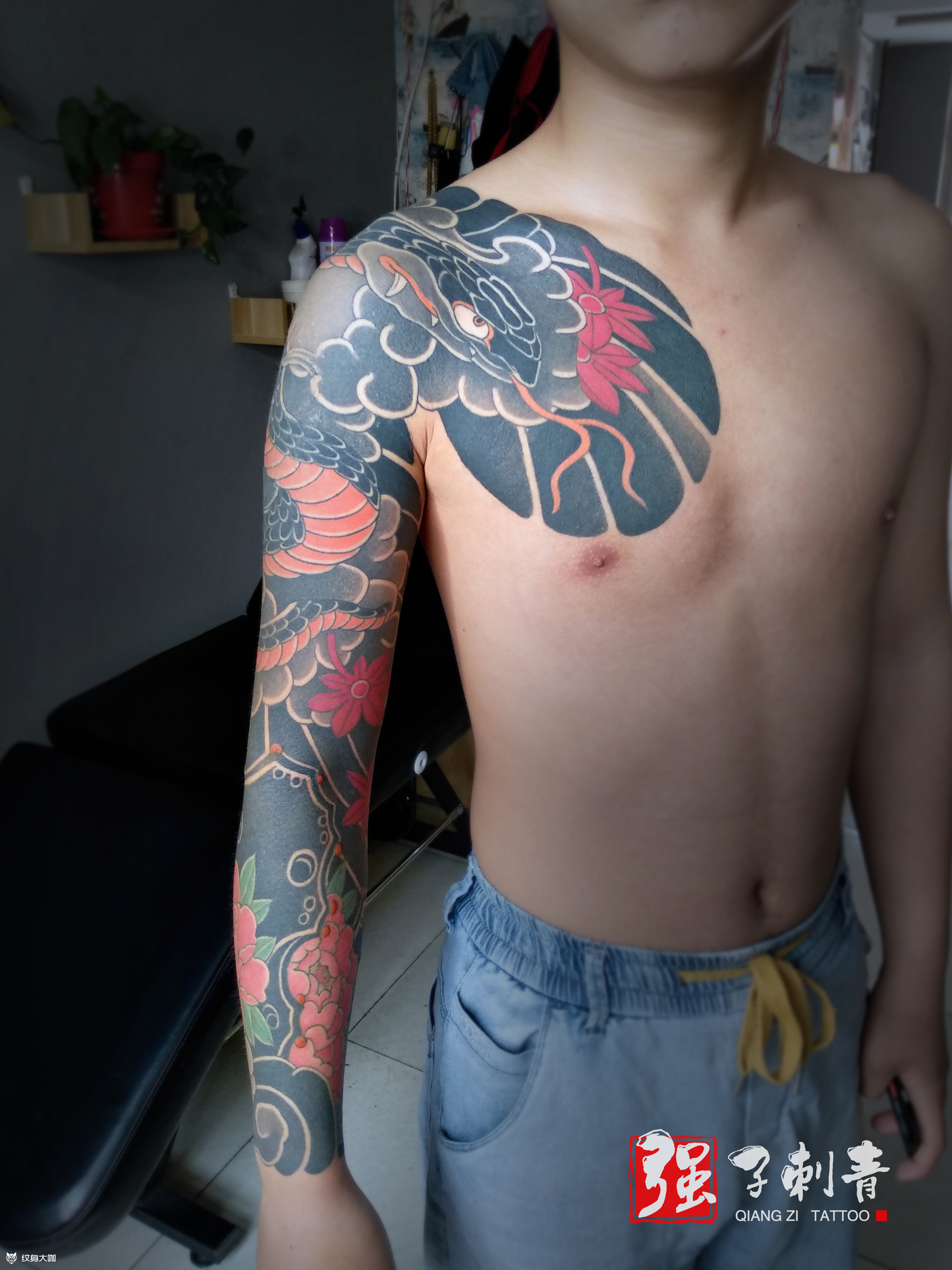 牡丹蛇花臂_纹身图案手稿图片_强子的纹身作品集