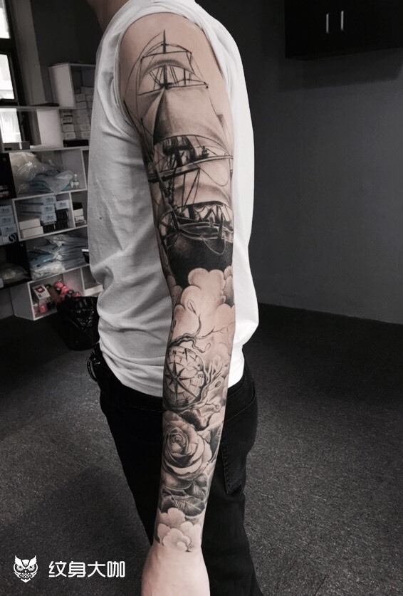 帆船花臂_纹身图案手稿图片_九景的纹身作品集