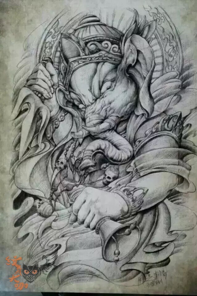 象神纹身手稿素描图片
