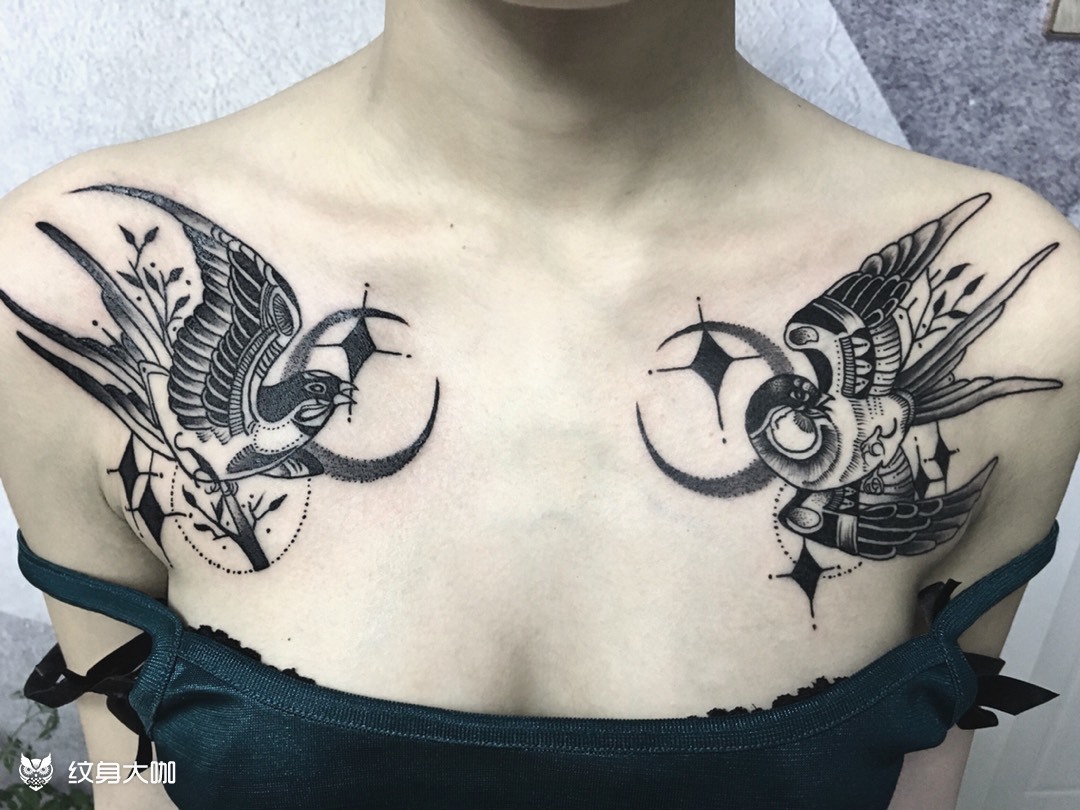 点刺双肩对燕_纹身图案手稿图片_雯雯的纹身作品集