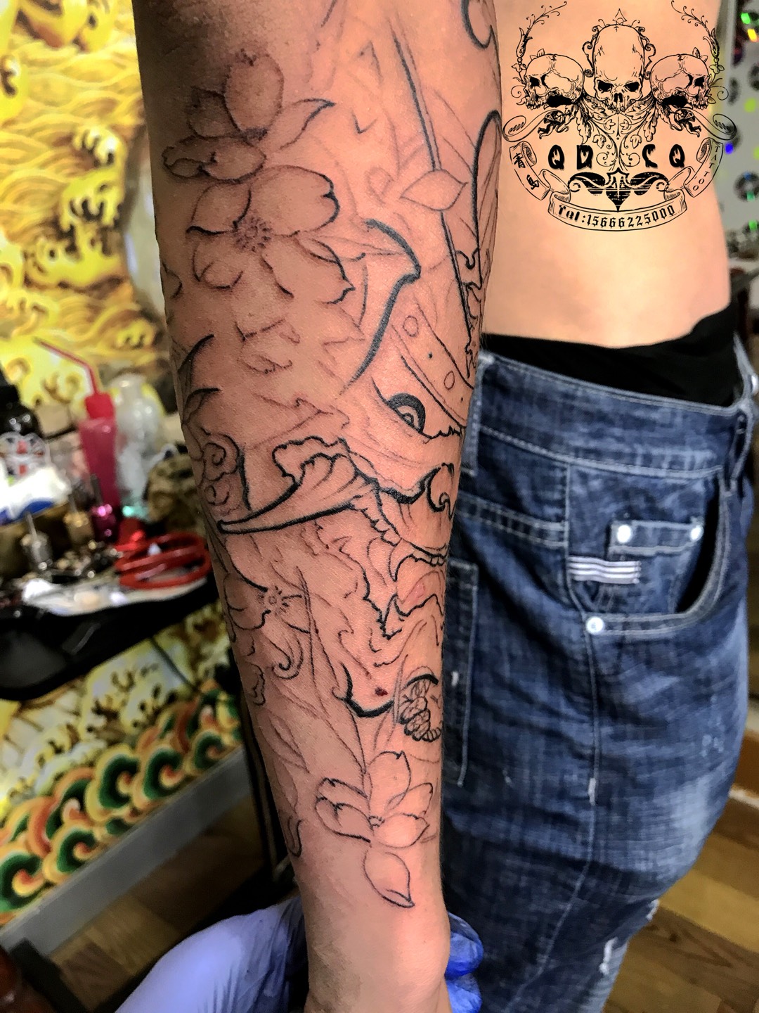 鬼武士樱花包小臂_纹身图案手稿图片_胶东巳雕的纹身作品集