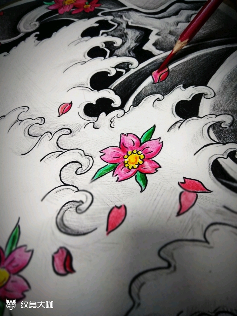 日式樱花海浪手稿各种纹身手稿_纹身吧社区 - 纹身大咖