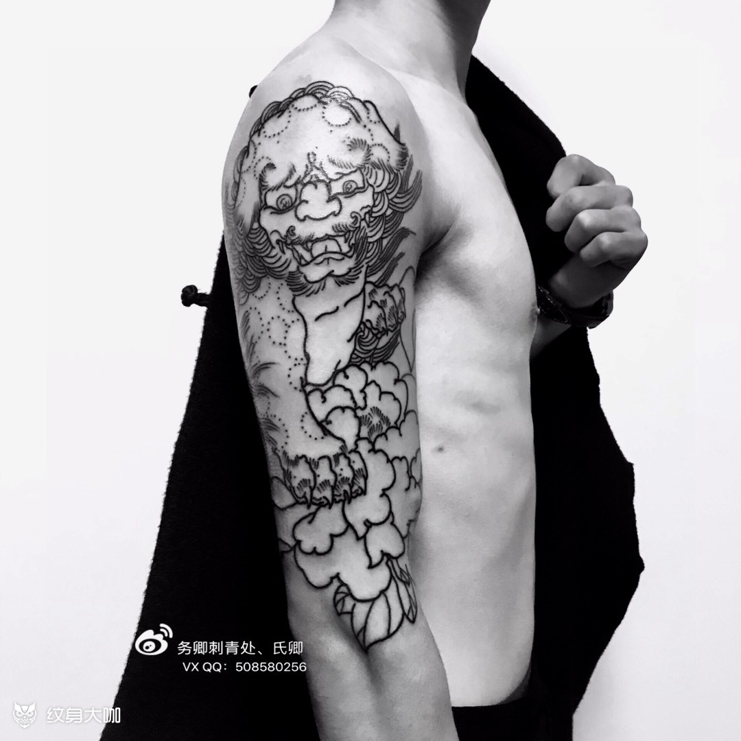 大臂唐狮牡丹_纹身图案手稿图片_氏卿tatto的纹身作品集