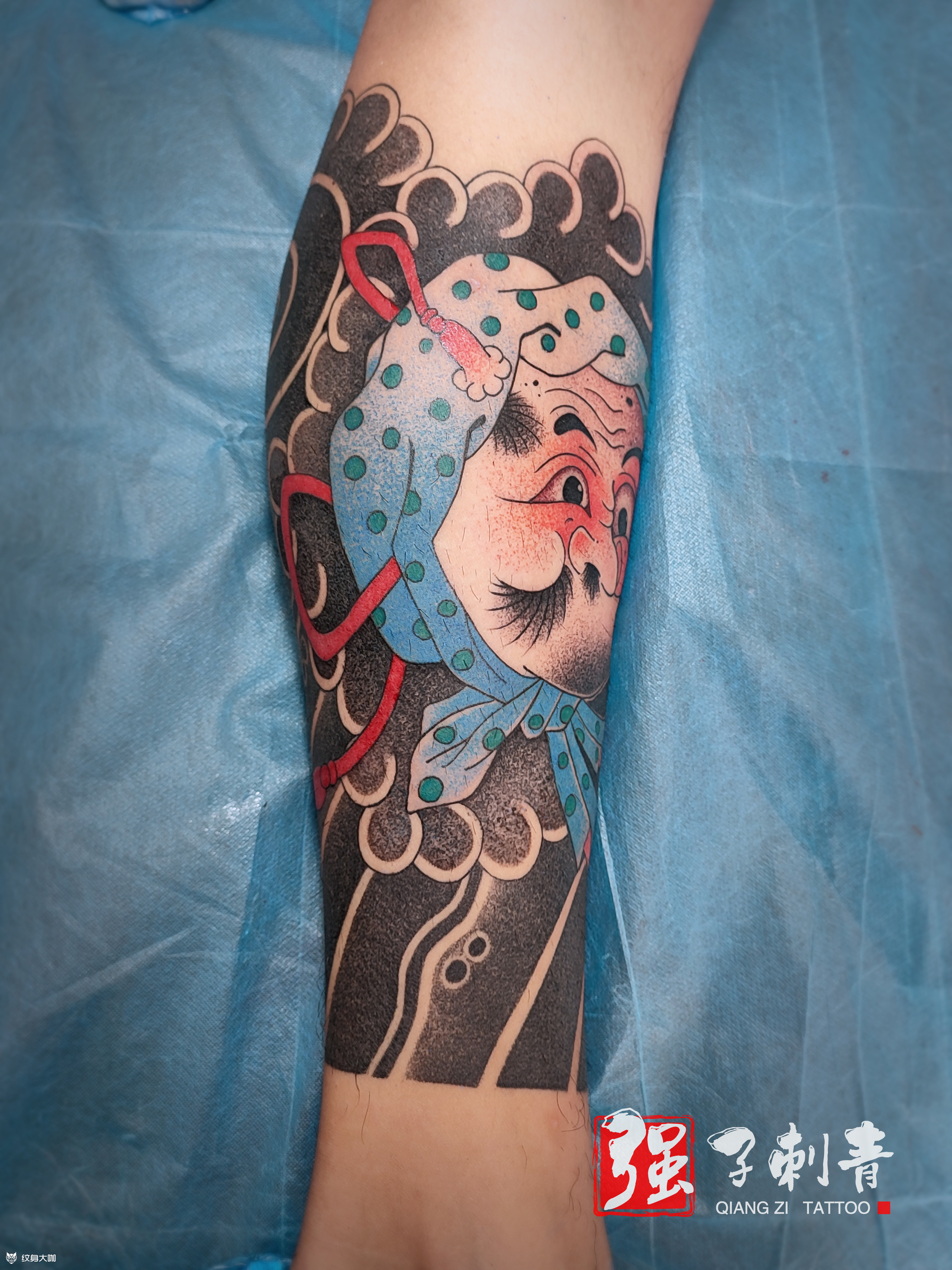 老传统火男包小腿_纹身图案手稿图片_强子的纹身作品集