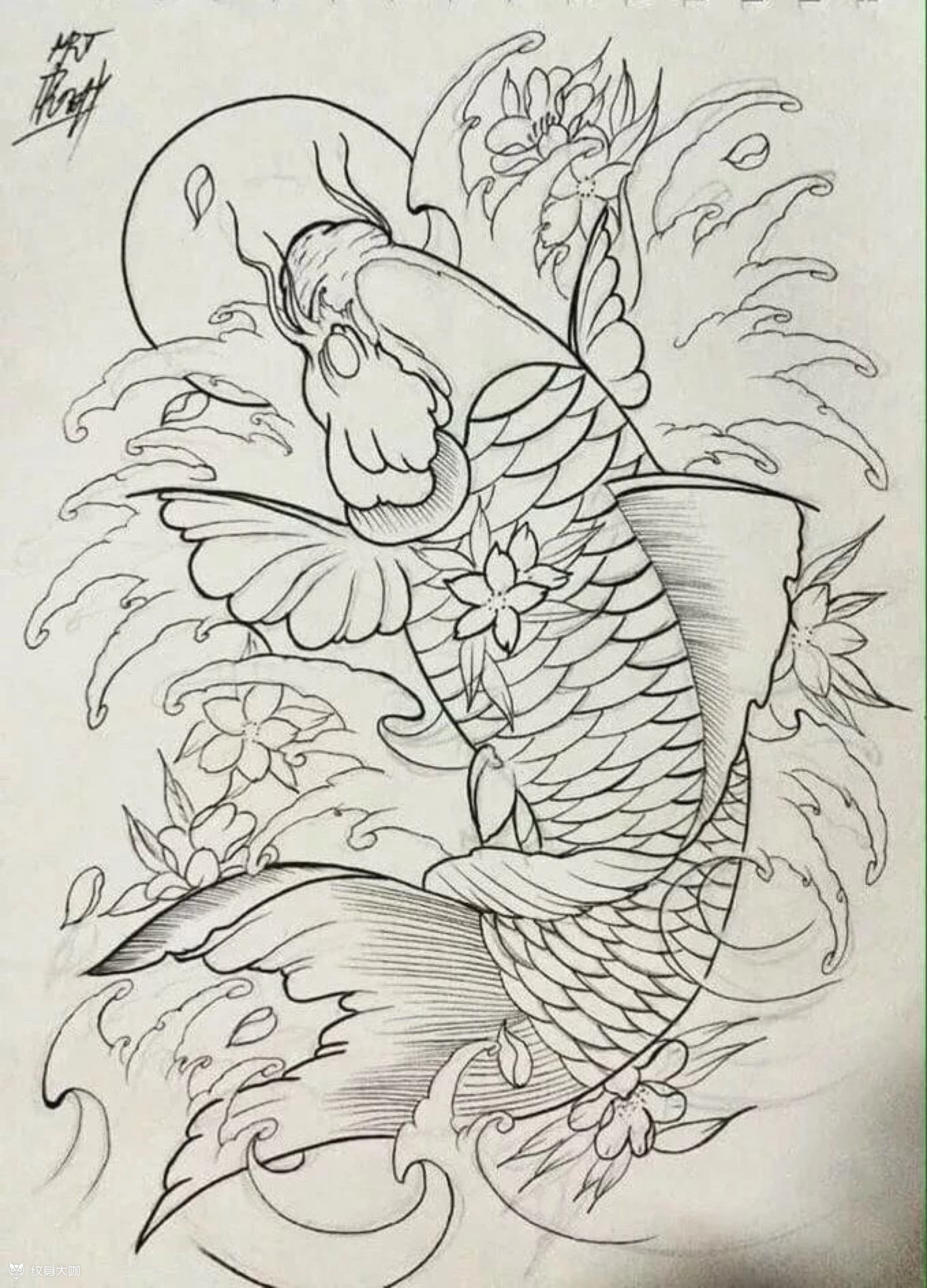 鲤鱼线稿_纹身图案手稿图片_可儿@的纹身作品集