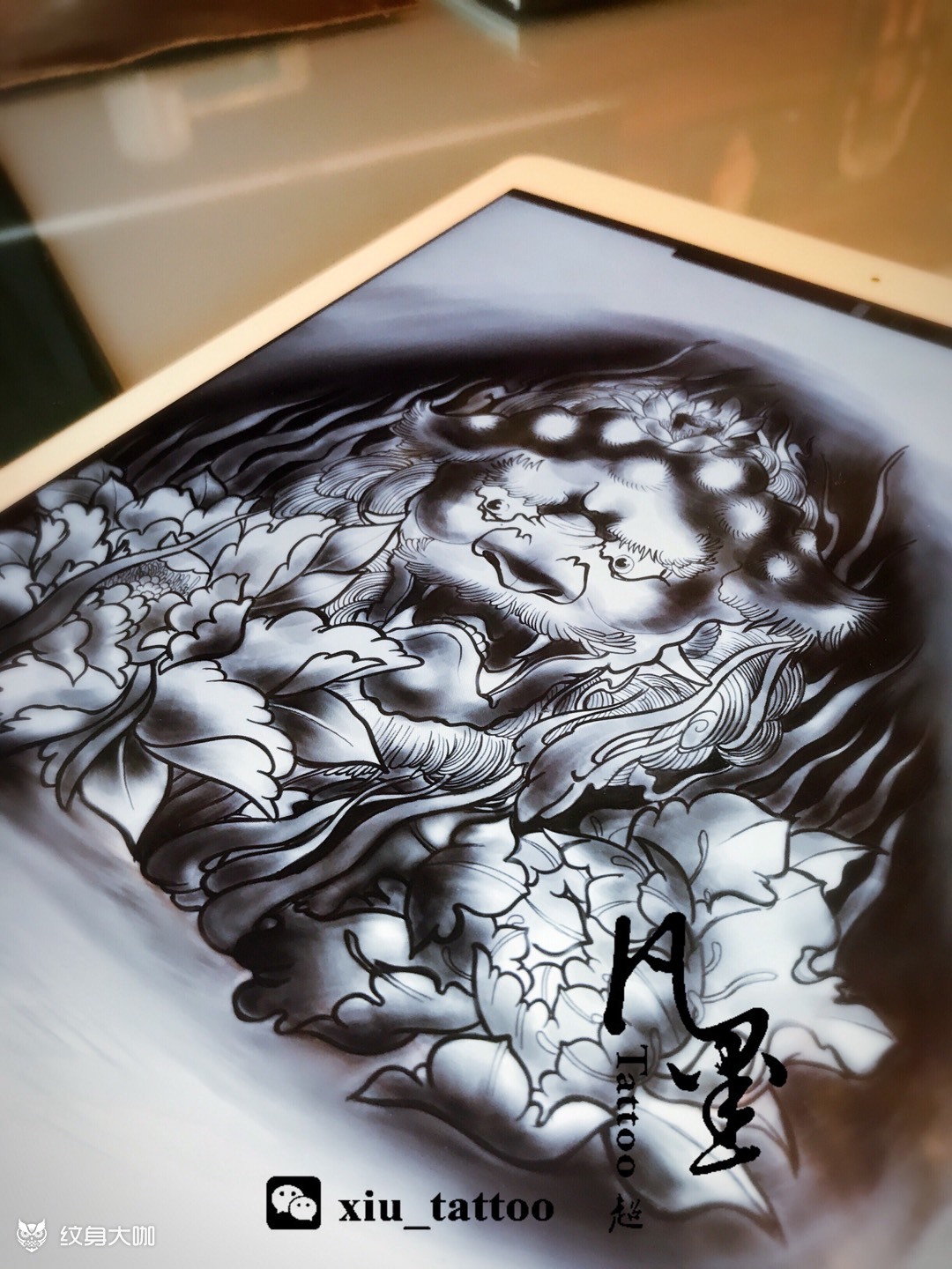黑白唐狮设计_纹身图案手稿图片_陈鑫的纹身作品集