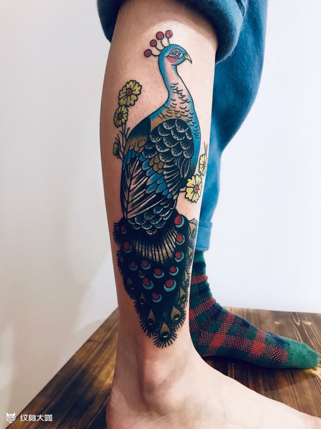 小腿孔雀遮盖旧纹身完成