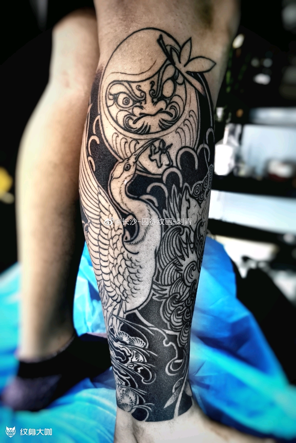 狮鹤包小腿_纹身图案手稿图片_黄旭的纹身作品集