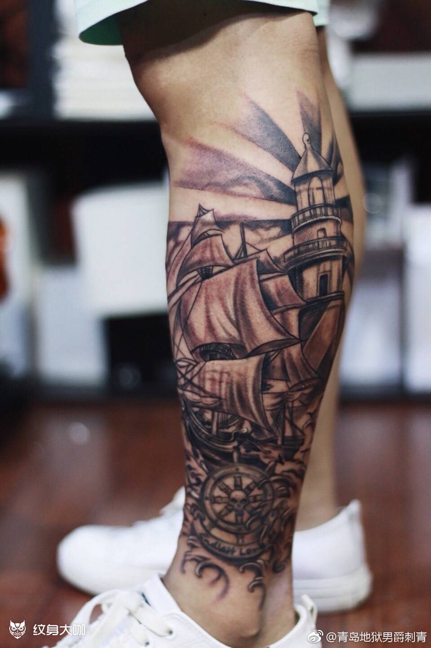 小腿帆船_纹身图案手稿图片_hellboy-tattoo的纹身作品集