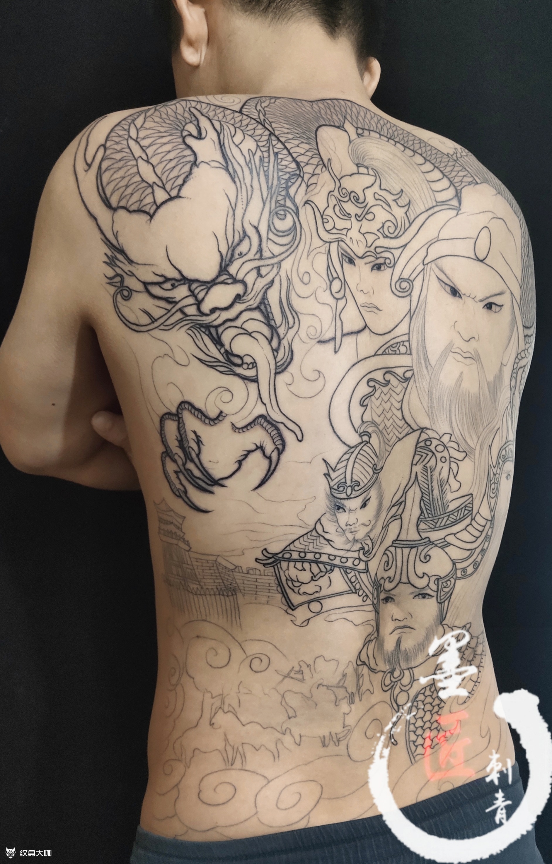 满背五虎将满背五虎将线条完成_纹身吧社区 - 纹身大咖