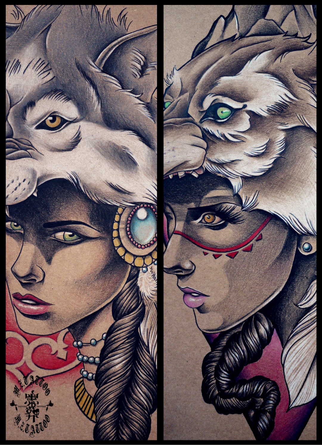 狼女姐妹_纹身图案手稿图片_陈洋的纹身作品集
