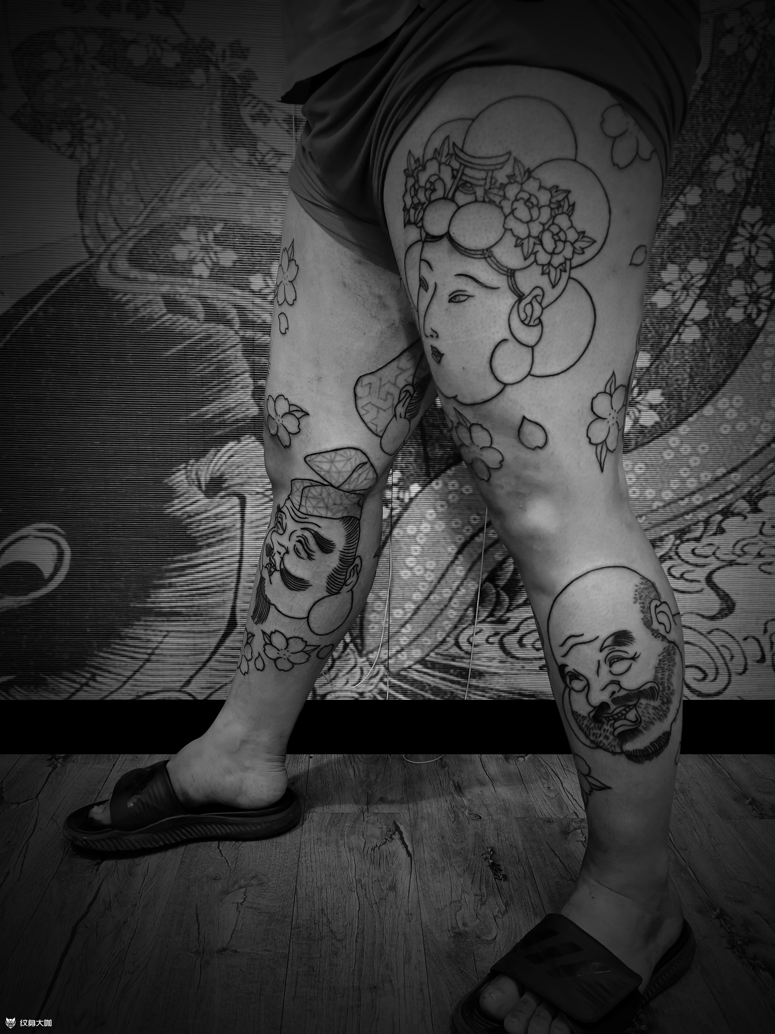 七福神走线阶段,背景做雾面的时_纹身图案手稿图片_李承龙的纹身作品