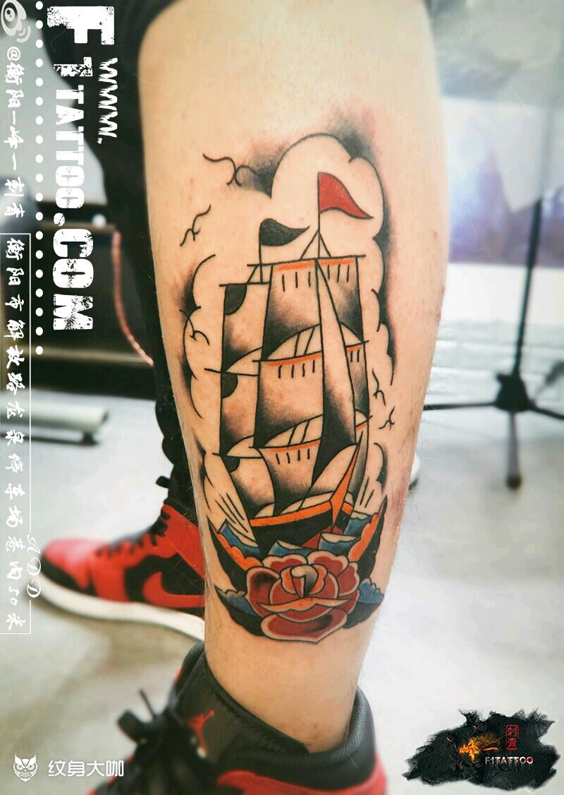 小腿彩色帆船_纹身图案手稿图片_夏煌的纹身作品集