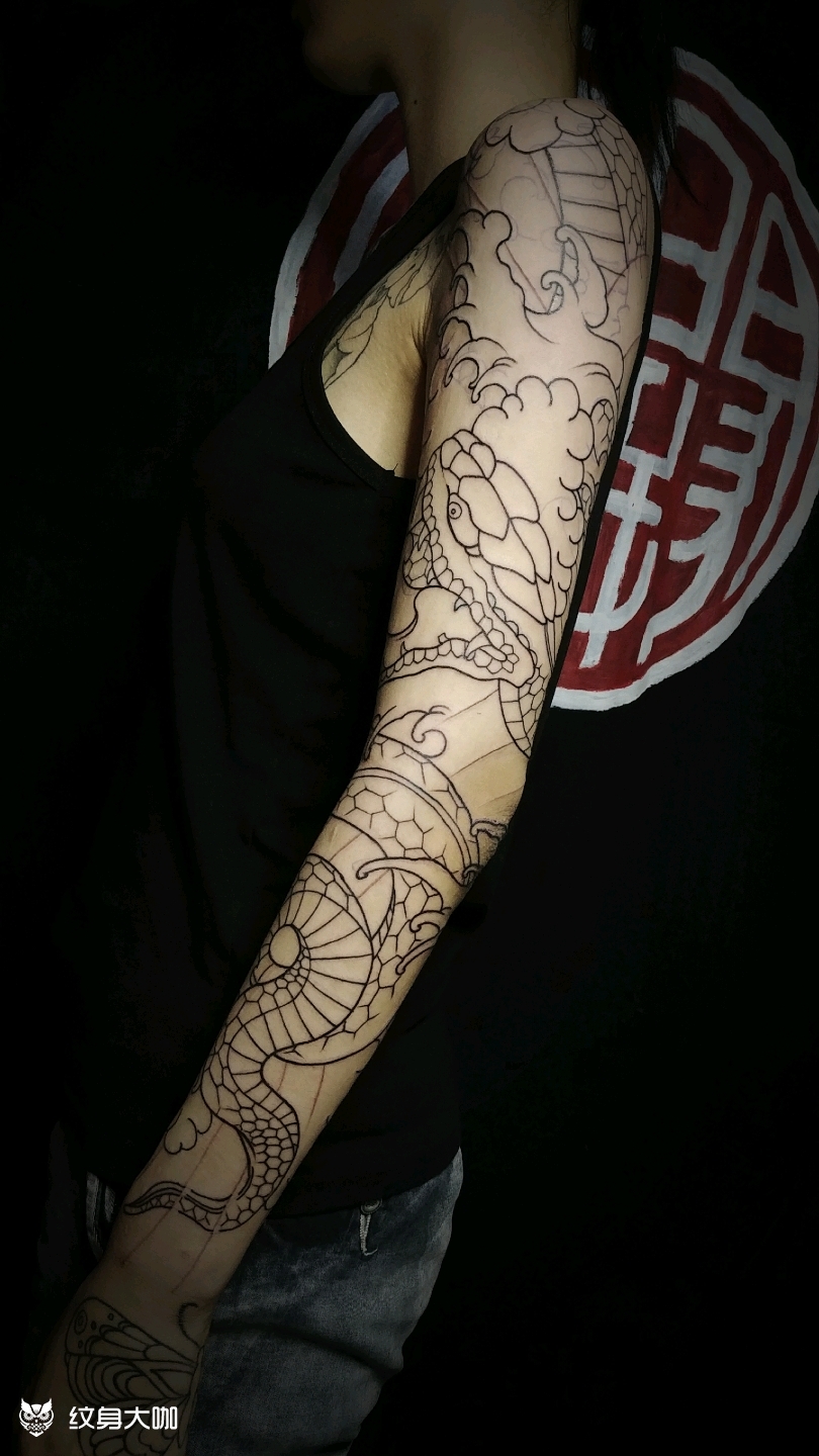日式花臂蛇线条_纹身图案手稿图片_金阙tattoo的纹身作品集