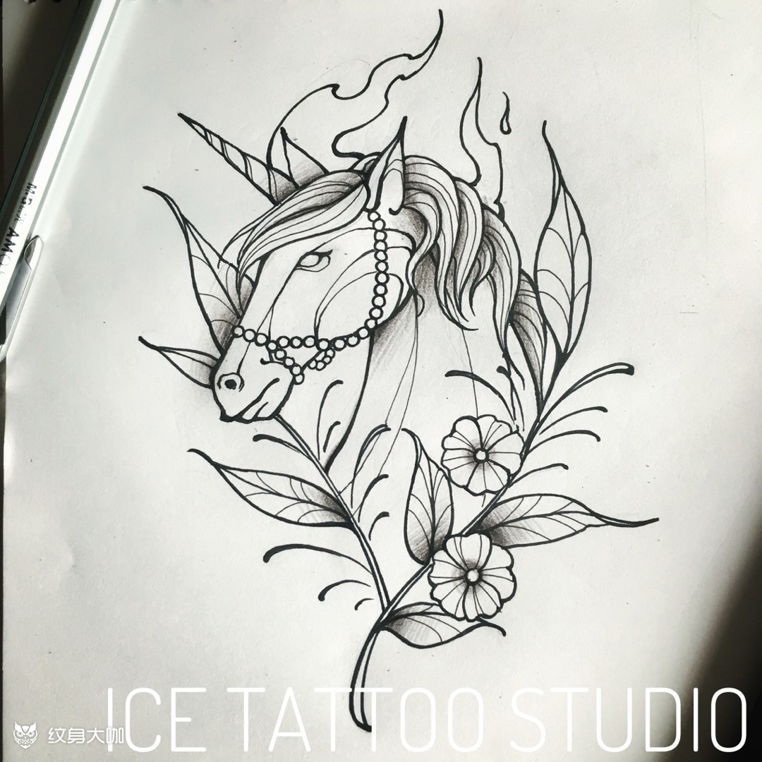 线稿 独角兽_纹身图案手稿图片_ink冷的纹身作品集