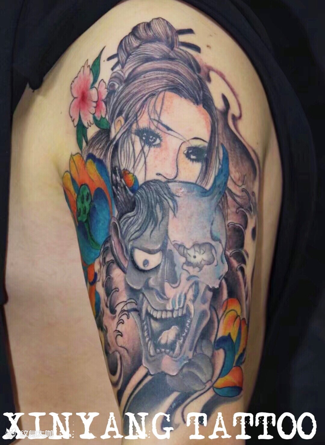 作品简介:【本店纹身作品7199】  艺妓与面具. 可可作品