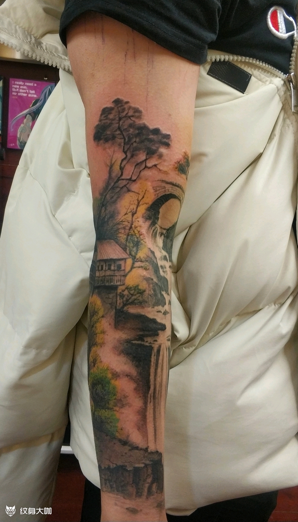 山水花臂,未完成_纹身图案手稿图片_g先森的纹身作品集