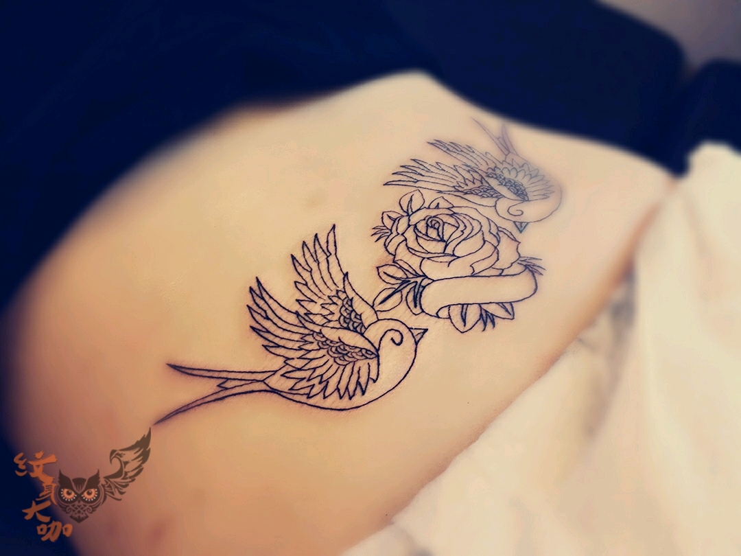 双燕腰花_纹身图案手稿图片_阿良的纹身作品集