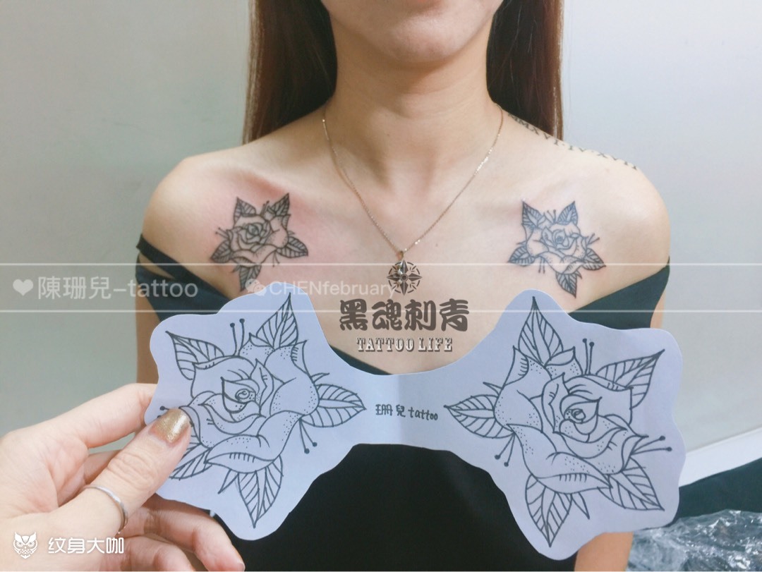 锁骨纹身玫瑰花_纹身图案手稿图片_陈珊儿的纹身作品集