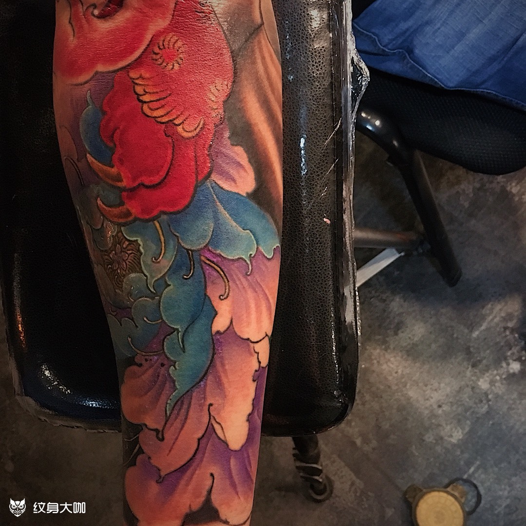 唐诗牡丹花臂-局部 未完_纹身图案手稿图片_沐雨的纹身作品集