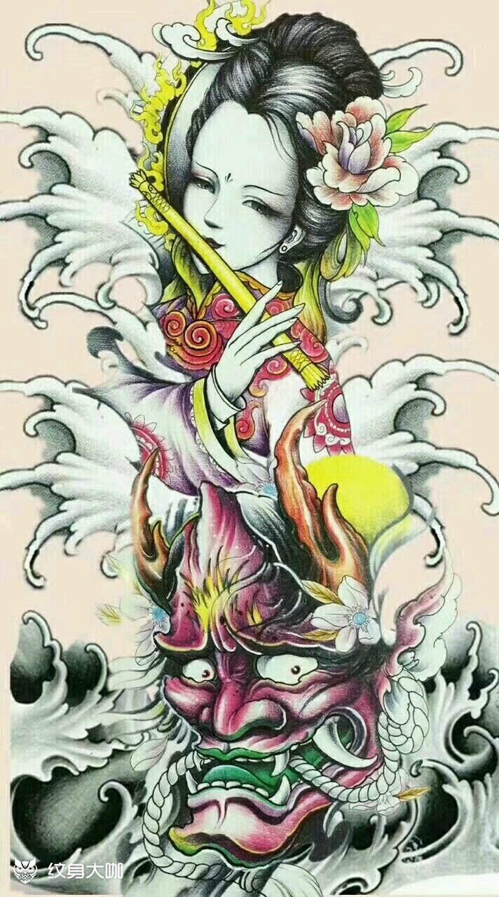 艺姬花臂求佛花胸_纹身图案手稿图片_庄瑞婷的纹身作品集