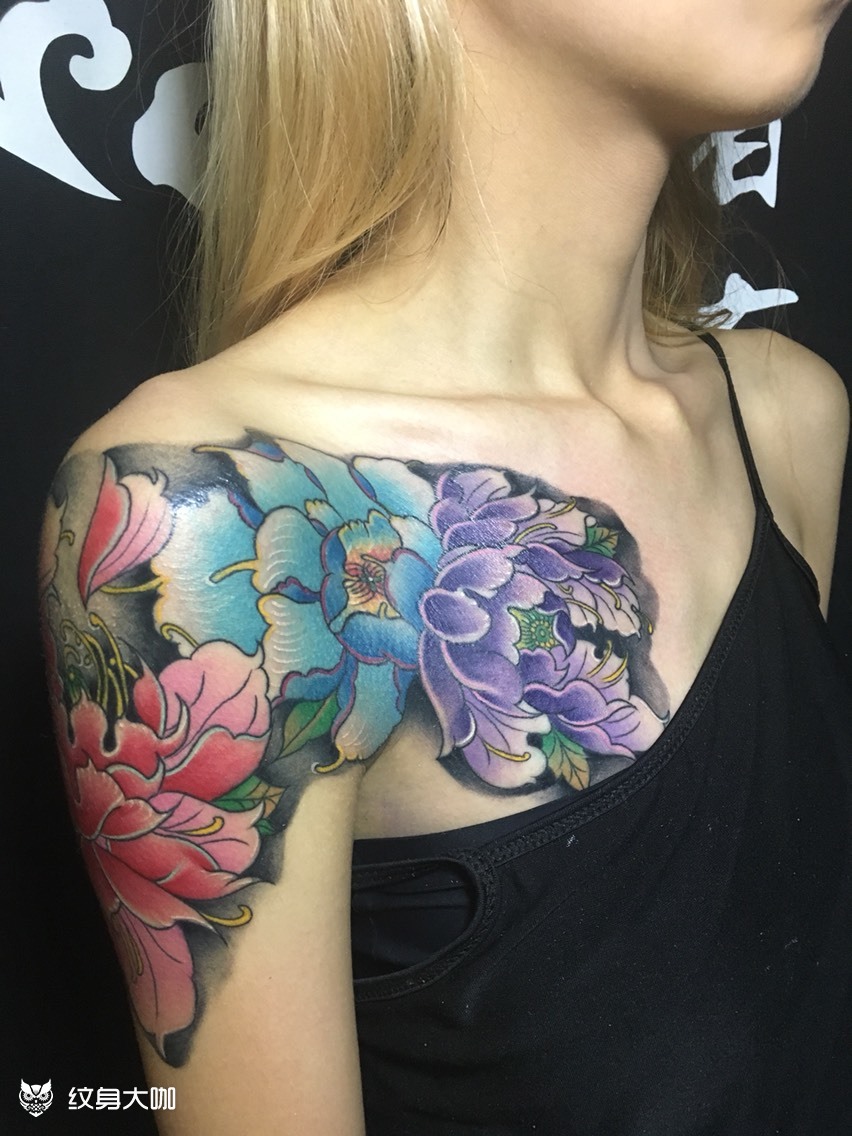 牡丹花肩_纹身图案手稿图片_米饭的纹身作品集