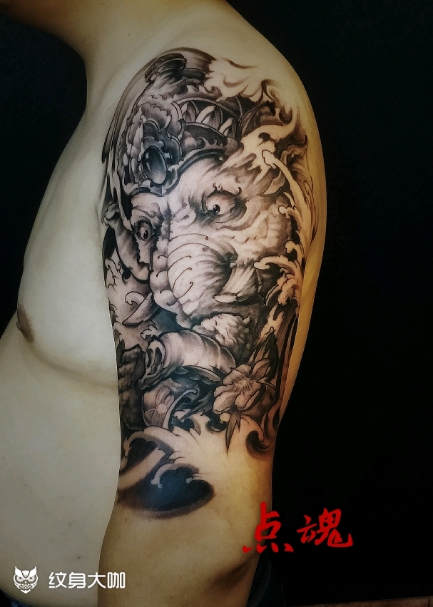 大臂象鼻财神_纹身图案手稿图片_点魂首席的纹身作品集