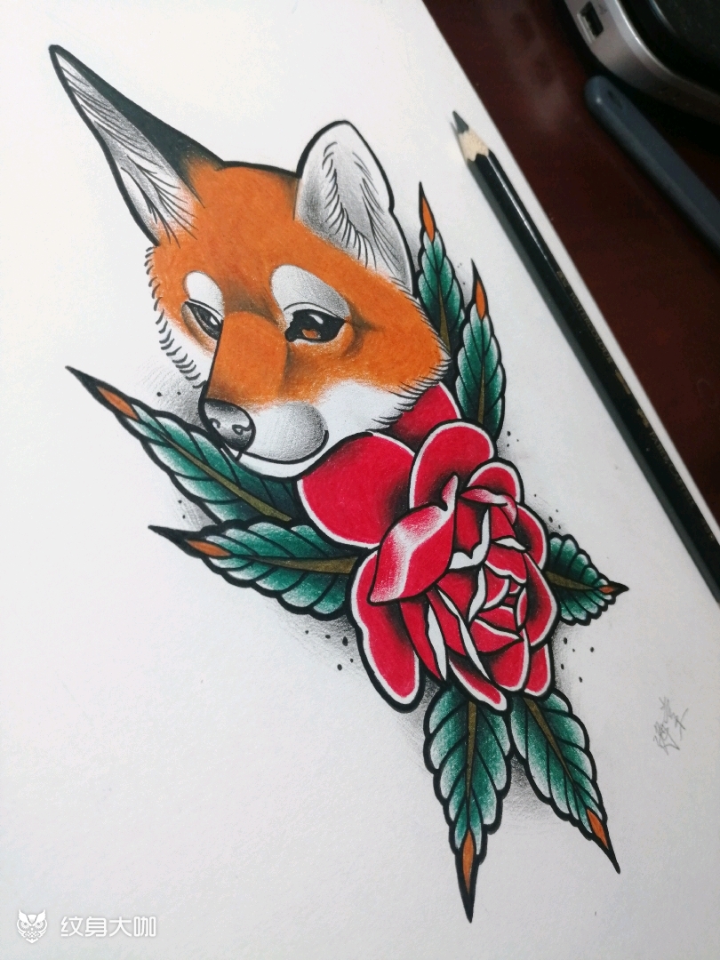 狐狸玫瑰oldschool手稿_纹身图案手稿图片_海棠的纹身作品集