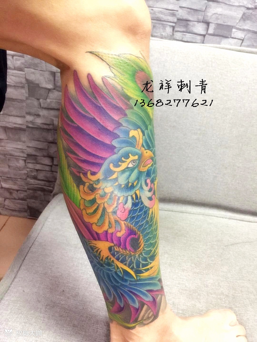 凤凰牡丹包小腿_纹身图案手稿图片_龙祥啊生的纹身作品集