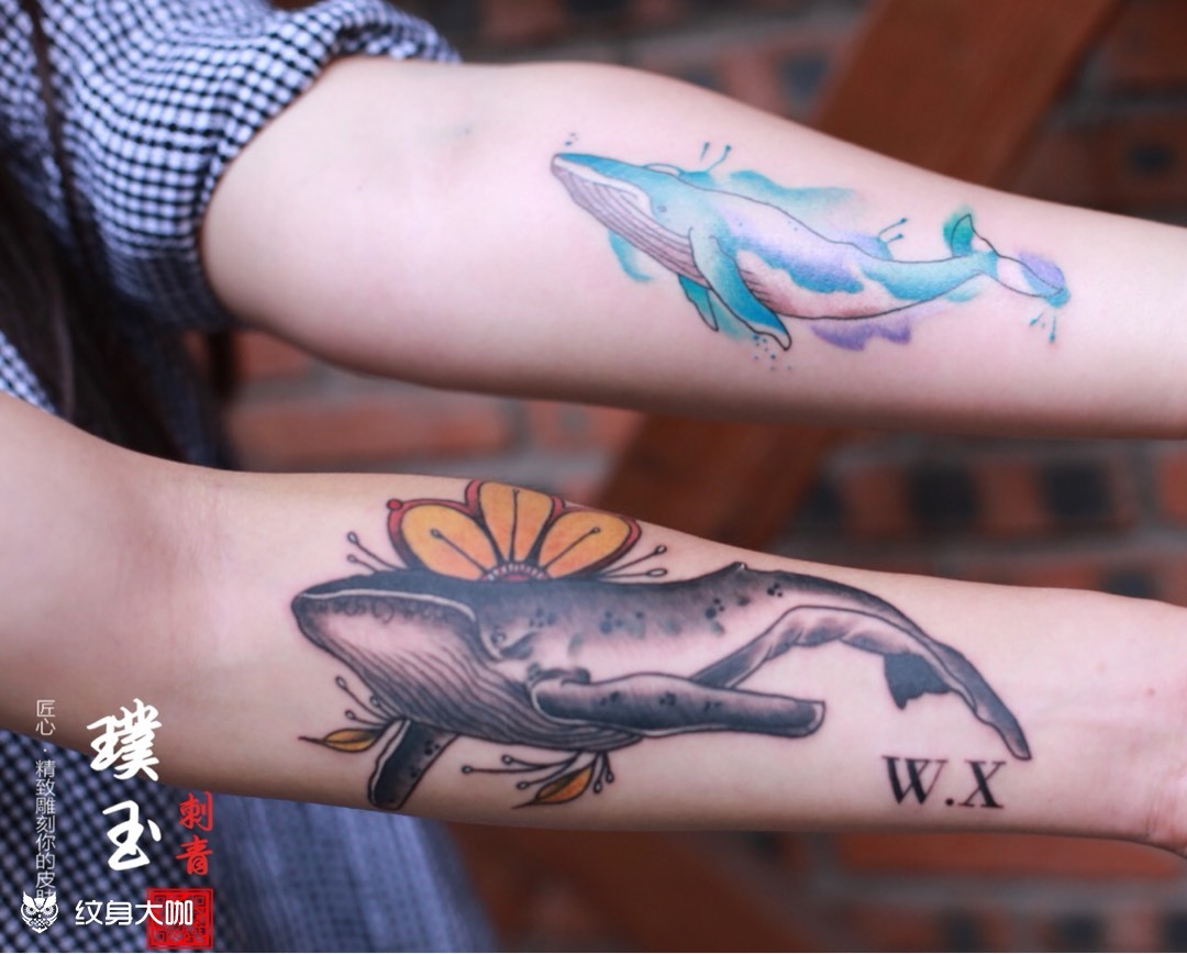 一对情侣的两只鲸95_纹身图案手稿图片_自在雕的纹身作品集