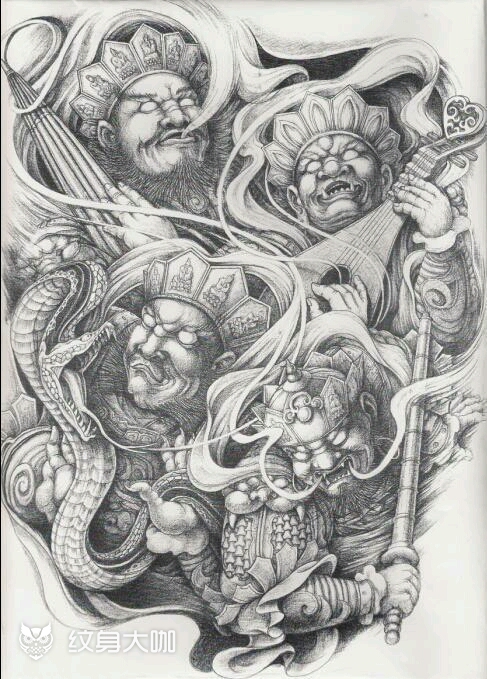 四大天王满背_纹身图案手稿图片_张云鹏的纹身作品集